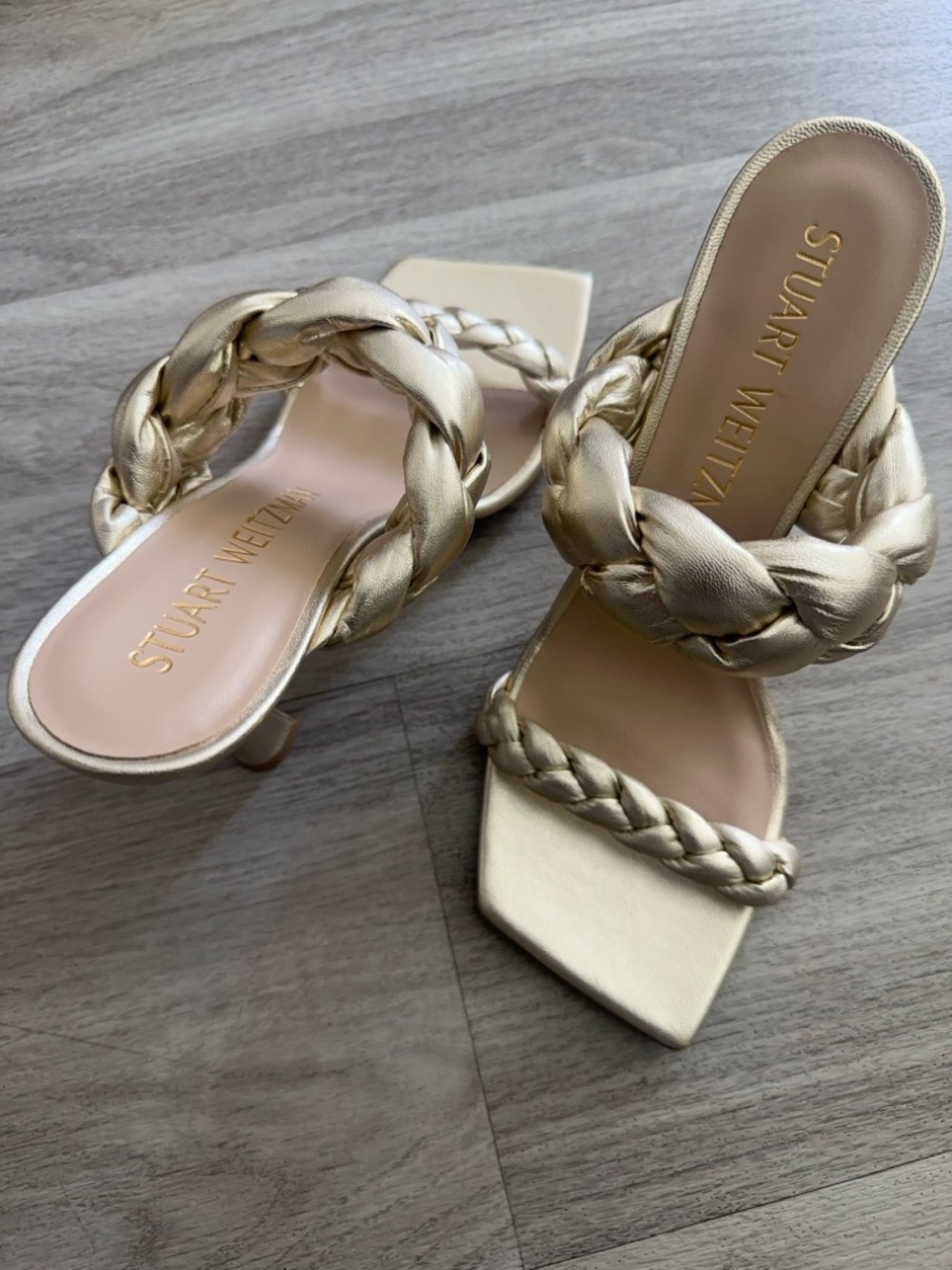 Stuart Weitzmen Playa Liquid Metallic Leather Sandals 4in. Size 9 MSRP $615